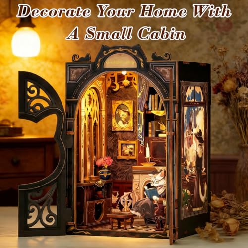 Image of PATPAT Earl Cat Bookstore DIY Miniature House Kit Book Nook Kit, Wooden Doll House for Adults, 3D Wooden Puzzle Bookshelf Decor, for Christmas, Birthday, Anniversary