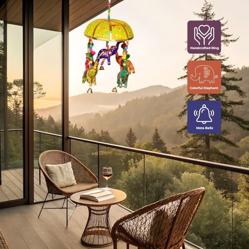 Image of Rajasthani Multicolor Elephants Jhoomer with Bell - Decorative Wind Chimes for Door & Wall Hanging, Ideal Home Decor & Gift Showpiece (Yellow)