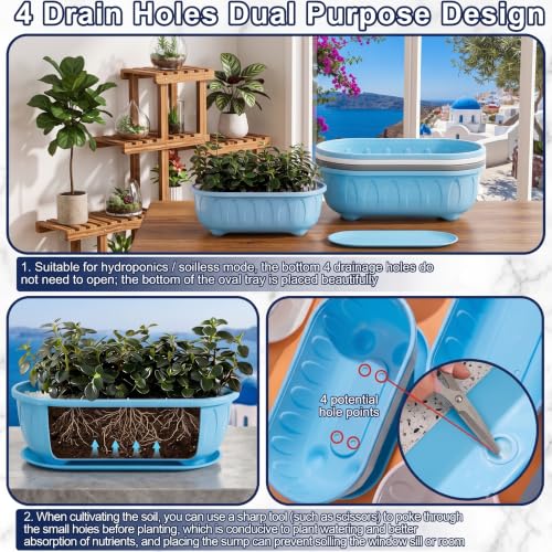 Image of Plastic Rectangle Round Corner Flower Pots with Drainage Hole Saucers Durable Outdoor Indoor Planters with Tray Plant Containers for Balcony, Garden, Home & Office (Sky, 5)