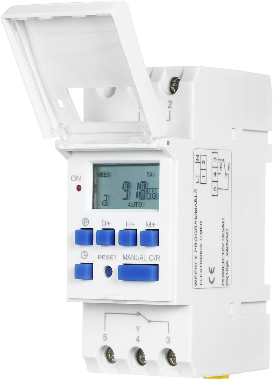 HUNYA THC15A Digital LCD Power Programmable Timer Switch Relay 16A Amp Electronic Weekly 7 Days 16 On & Off Relay Timer Control AC DC 24V Din Rail Mount Timing Switch (12V)