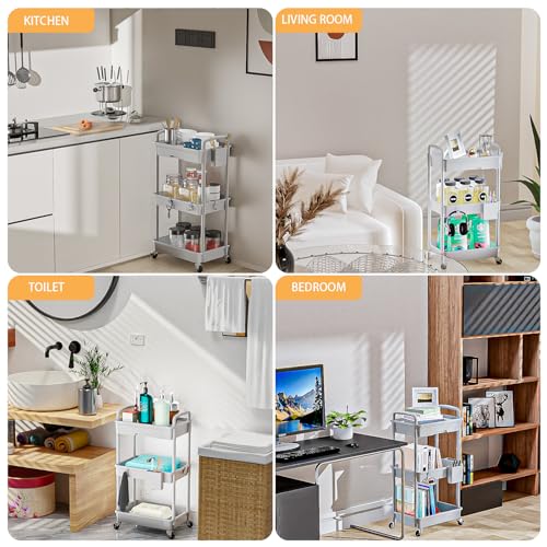 Image of 3 Tier Rolling Utility Cart with Drawer,REBECAT Utility Cart Made of Multifunctional Storage Organizer Tool for Kitchen,Bathroom,Living Room,Office(Gray)
