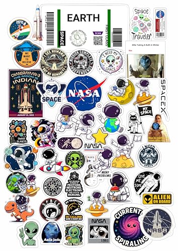 Image of Mission to Space Theme Vinyl Stickers, Waterproof Self Adhesive Decals for Laptop, Journal, Guitar, Mobile Phone, Multicolour, Pack of 50