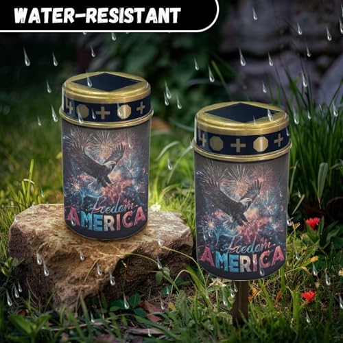 Image of Patriotic Grave Solar Light - America Firework Eagle, Flameless Memorial Candle, Solar Powered Tribute for Veterans, Cemetery Decor for Independence Day