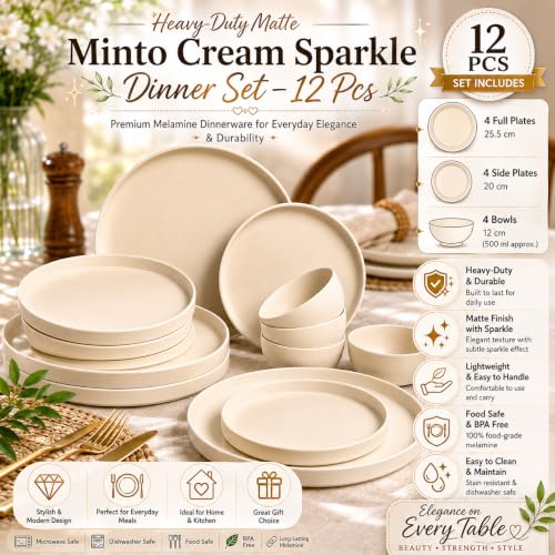 Image of MARKET 99 Heavy-Duty Matte Minto Cream Sparkle Dinner Set - 12 Pcs | Premium Melamine Dinnerware with 4 Full Plates, 4 Side Plates & 4 Bowls | Stylish Tableware for Daily Meals, Kitchen Decor