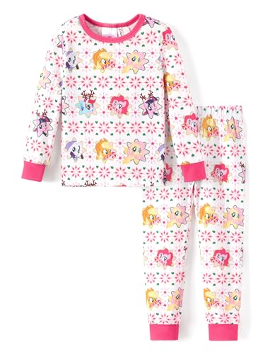 My Little Pony Girls Pajama Set, Pony print long sleeve colorblock cozy fall winter sleepwear, bedtime holidays for kids Snug Fit toddler friendly unicorn halloween pjs for girls White 6-7 Years