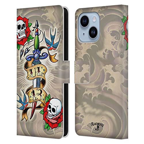 Étui portefeuille iPhone 14 Plus Alchemy Gothic en cuir avec illustration de dague