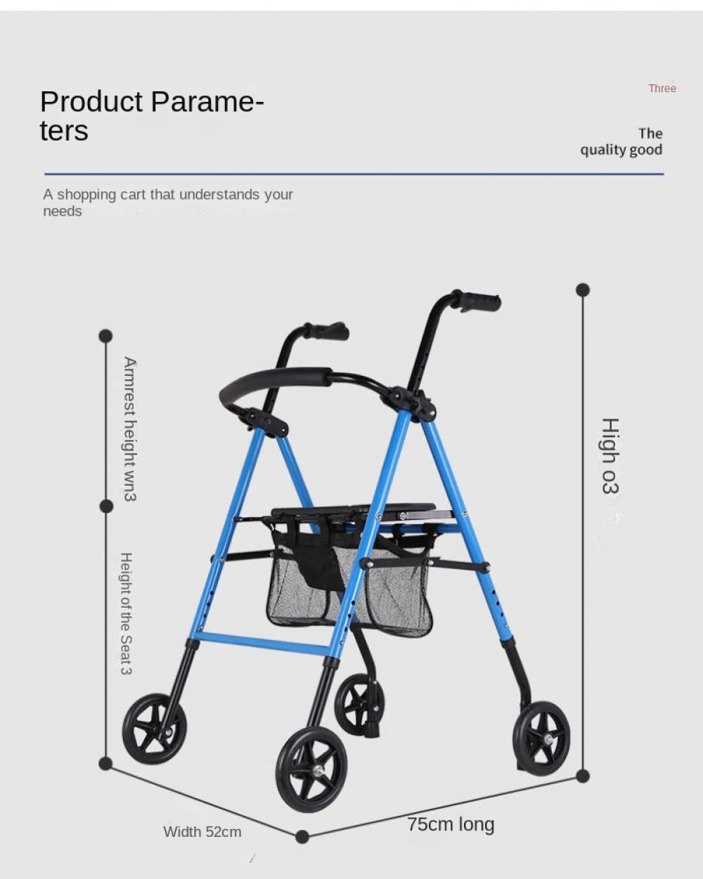 NOBRIM Rollator na 4 kołach z siedzeniem, przednie koła dla osób starszych, dorosłych, z oparciem, torba do przechowywania, regulowana, można pchać i siedzieć