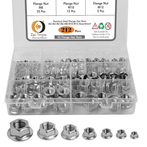 Image of Epi-Torque 212 Pcs Stainless Steel Serrated Hex Flange Nuts Flange Metric Hex Lock Nuts Assortment Kit (M3 M4 M5 M6 M8 M10 M12)