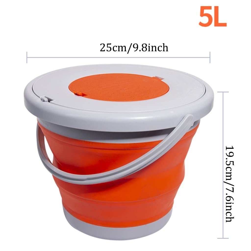 DUNAKE Faltbarer Eimer Mit Deckel, Putzeimer Camping Faltbare Silikon Eimer, Faltbare Runde Wanne, Zusammenklappbarer Spüleimer, Tragbarer Wassereimer Für Angeln (Color : Orange, Size : 5L)