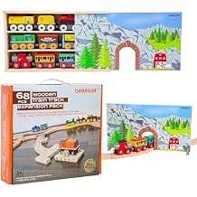 ORBRIUM Wooden Train Set Bundle with Track Expansion and Magnetic Train Cars, 68 Pc Wooden Train Track Accessories Plus 12 Train Cars with Storage Box Tunnel, Compatible with Thomas, Brio
