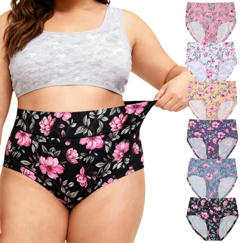 Image of Womens Underwear XL-5XL Plus Size Ladies Panties Mid High Waist Briefs for Woman Floral Print Pantys 6-Pack