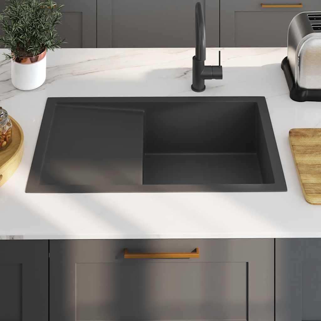 Lavello da incasso fatto a mano, in acciaio inox, nero, con sgocciolatoio, 75 x 44 x 20 cm, fonoassorbente, resistente alla corrosione, sottostruttura e installazione, scarico rapido