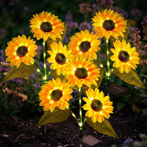 Brightown 3 Pack Solar Sunflowers Garden Decor 9 Solar Powered Sunflowers for Outside with Glowing Stems Waterproof Solar Flowers Outdoor Auto On Off Decorative Stakes Light for Yard Patio Lawn
