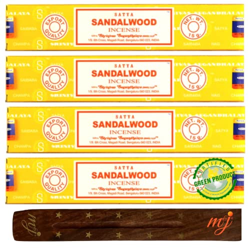 Original Satya Nag Champa Sandalwood Incense Sticks | with M&J incense sticks holder | x4 pack | for Aromatherapy Spa Yoga Weddings Meditation Healing Positivity and Relaxation