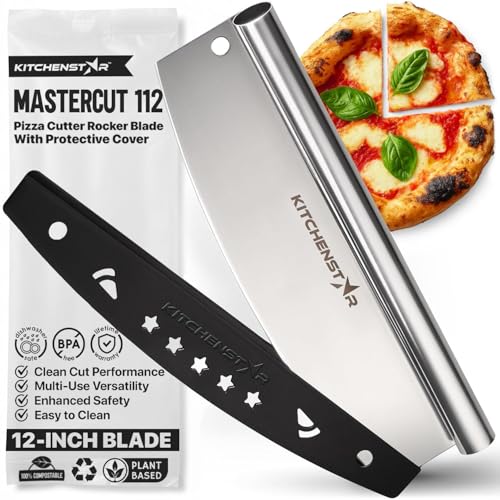 Image of 12aa‚¬A Pizza Cutter by KitchenStar | Sharp Stainless Steel Slicer Knife - Rocker Style w Blade Cover | Chop and Slices Perfect Portions + Dishwasher Safe aa‚¬a€oe Premium Pizza Oven Accessories