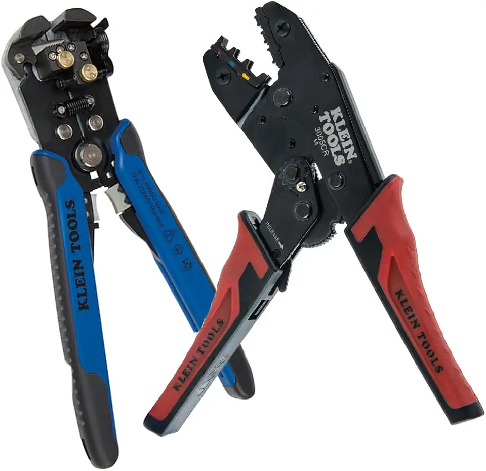 Klein Tools 80013 Wire Stripper / Ratcheting Crimper, Electrical Crimping Tool Kit with Automatic Wire Stripper and Ratcheting Insulated Terminal Crimper, 2-Piece