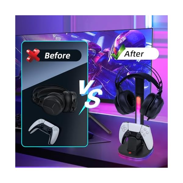 Mcbazel RGB Headset Stand with Charging Station for PS5/PS5 Edge Controller, Controllers Stand & Playstation 5 Controllers Holder, Premium RGB Gaming Headphone Holder – Black - Image 7