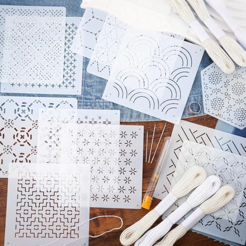 Image of 37 Pcs Sashiko Thread Kit Sashiko Needles Cotton Thimble Sashiko Patterns Embroidery Projects for Sewing Hand Quilting Mending Supplies (White)