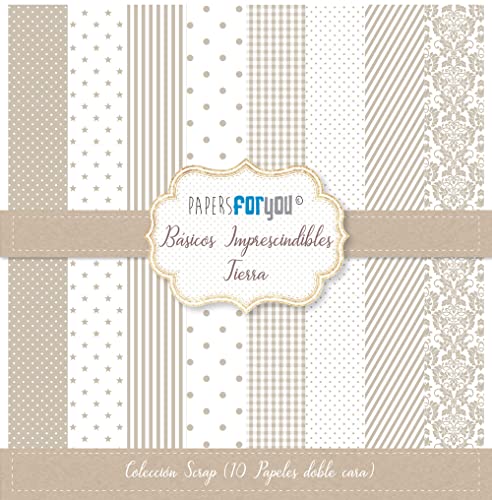 PAPERSFORYOU - Kit de Papeles para Scrapbooking | Colección 'Básicos Imprescindibles Tierra' | Incluye 10 Papeles a Doble Cara con Diseños Diferentes | Tamaño 30,48 x 30,48 cm (12' x 12')