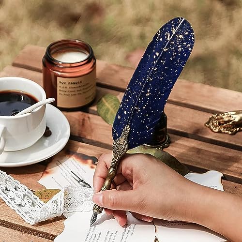 Image of Luxury Feather Quill Dip Pen Set with Stand & Blue Ink - Vintage Calligraphy Writing Kit with 2 Extra Nibs - Elegant Signature Pen Gift for Kids, Writers & Artists (Ink Feather Pen Blue)