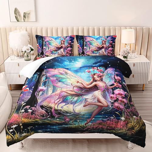 AILONEN Wunderschönes Bettwäsche-Set mit Schmetterlingsfee, magischer Pilz, Doppelbettgröße, geheimnisvolles Feenwald-Thema, Bettwäsche-Set, perfekt für Kinderzimmer, Mädchen, 1 Steppdecke + 2