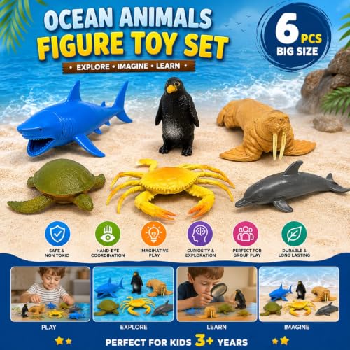 Image of 6-Pcs Aquatic & Sea Animal Toy Set for Kids 2+ Years | Penguin, Shark, Crab & More | Educational Ocean Life Action Figures | Birthday Gift for Boys & Girls