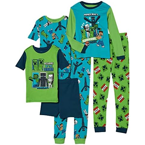 Minecraft Boys' 6-Piece Snug-fit Cotton Pajama Set, Soft & Cute for Kids, Blue, 10 Cover