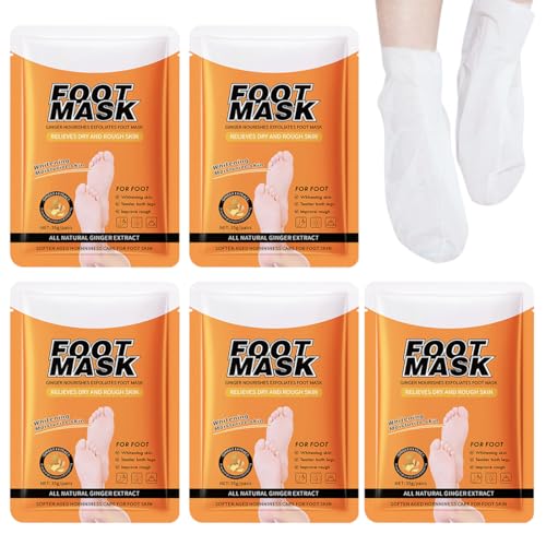 GXGM Mascarillas Exfoliantes para Pies, 5 Pares, Jengibre y Aloe Vera, Exfoliación Suave, Hidratación y Calma, Callos y Talones Agrietados, Cuidado Pies Secos y Rugosos, Piel Sensible