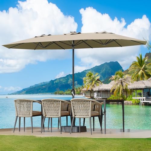 Large Patio Umbrella with Base Included, Double-Sided Rectangle Market Umbrella with Cross Base and Sandbag for Pool Lawn Garden (Beige, 15FT)