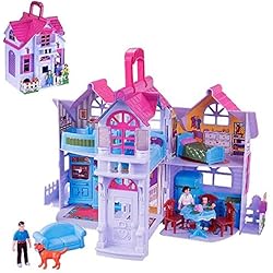 Muñeco Con Maletin BAKAJI Casa de Muñecas Juguete Niños Villa de 2 Pisos con Cocina, Sala de Estar y Dormitorio 3 Personajes incluidos y Accesorios de Juego Plegable a maletín portátil