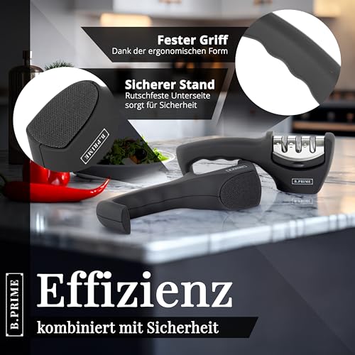 Foto von B.PRIME Messerschärfer Classic, 3-Stufen Profi Manuelle Messerschaerfer für Entgraten, Formen, Grobschliff, Schärfen, Honen und Polieren, Schleifstein