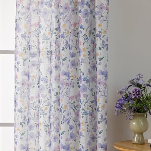 Image of SUOUO Violet Floral Semi Sheer Curtains Linen Textured for Living Room Patterned Leaves 96 inches Long Window Drapes for Dining Bedroom 2 Panels