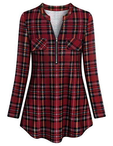 Tanst Sky Womens Casual Long Sleeve Zipped V Neck Plaid Tunic Blouses2
