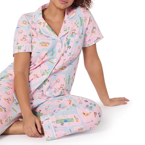 Image of Bed Head PJs Womens Matching Pajamas - Soft Organic Cotton Button Down PJ Shirt & Cropped Pants Set - Loungewear & Sleepwear