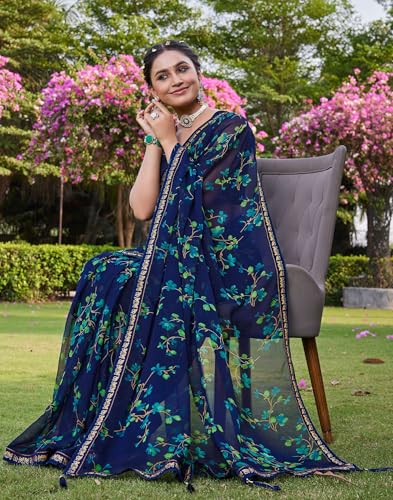Image of SIRIL Women's Printed Chiffon Saree with Unstitched Blouse Piece