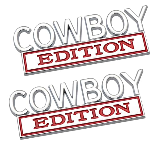 Image of Pair Set Cowboy Edition Raised Letters Emblem 3D Badge Sticker Decal Replacement for Vehicle, Truck, SUV, Door Decoration (Silver Red)