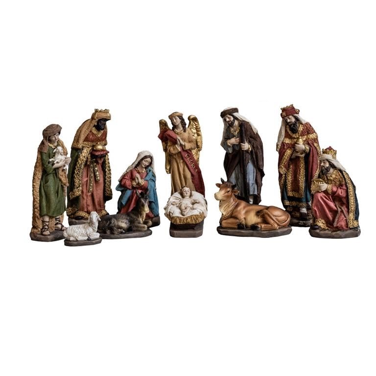 Misterio Nacimiento de 11 Piezas Clasico con Reyes, Angel, Pastor y Animales de Resina Pintado a Mano 20 cm Alto