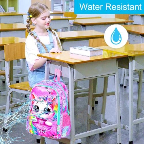 CCJPX 3PCS Cat Backpack for Girls, 16”Kids Ballet Preschool Bookbag with Lunch Box, Cute Ballet Water Resistant School Bag for Elementary Kindergarten Toddler2