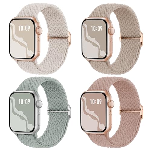 Image of 4 Pack Braided Stretchy Bands Compatible with Apple Watch 40mm 41mm 38mm 42mm 44mm 45mm 46mm 49mm Women Men, Breathable Nylon Elastic Daily Use Straps for iWatch Series 11 /10 9 8 7 6 5 4 3 SE /Ultra 2