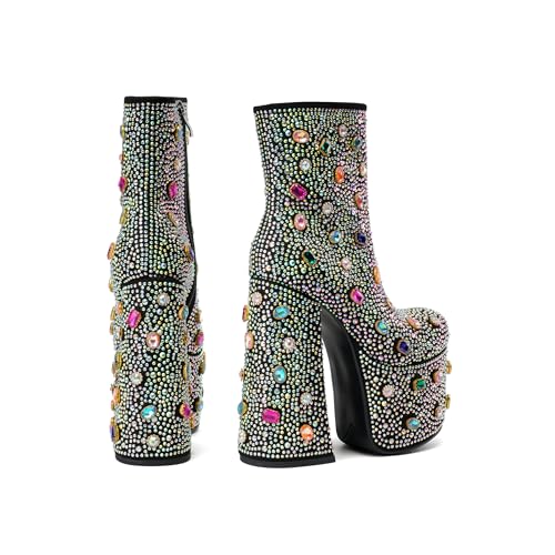 Tsrenlmln Women's Rhinestone Platform Boots for Women Round Toe Sparkly Ankle Boots for Women With Chunky Heel3