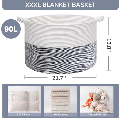 Image of INDRESSME XXXLarge Cotton Rope Basket 21.7 inch x 21.7 inch x 13.8 inch Woven Baby Laundry Baskets Blanket Basket Toy Baskets with Handle Storage Comforter Cushions Navy Laundry Hamper