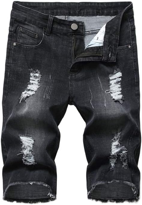 PASOKMen's Casual Denim Shorts Distressed Stretchy Jeans Shorts Ripped Short Pants