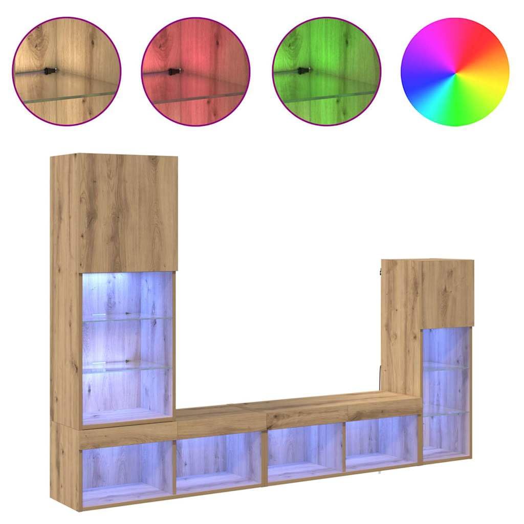 TV-Wandgeräte Wandmontiert 4-TLG Artisan-Eiche Holzwerkstoff mit LED-Beleuchtung 13 Regale 2 Türen Stauraum-Schrank Wohnzimmer Regal-Set Modern Media Center