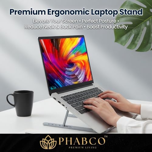 Image of Adjustable Laptop Stand with 6-Angle Ergonomic Foldable Design | Portable Tabletop Desktop Riser Stand Holder Compatible with MacBook, HP, Dell, Lenovo & All Notebooks 10 inch to 15.6 inch (Silver)