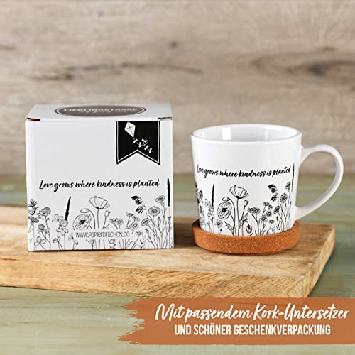 Papierdrachen Hochwertige Tasse aus Keramik mit passendem Kork Untersetzer - Tischdeko - Kaffeetisch - Kaffeetasse - Love grows where… – Ansicht 2
