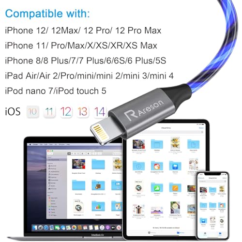 Image of Light up iPhone Charger Cord, LED Lightning Cables 1 Pack | Apple MFi Certified | USB Fast Charging Cord for Apple iPhone 13 12 11 Pro Max XR XS X /8Plus /7Plus /6Plus /5s /5c /iPad More (Blue, 3ft)