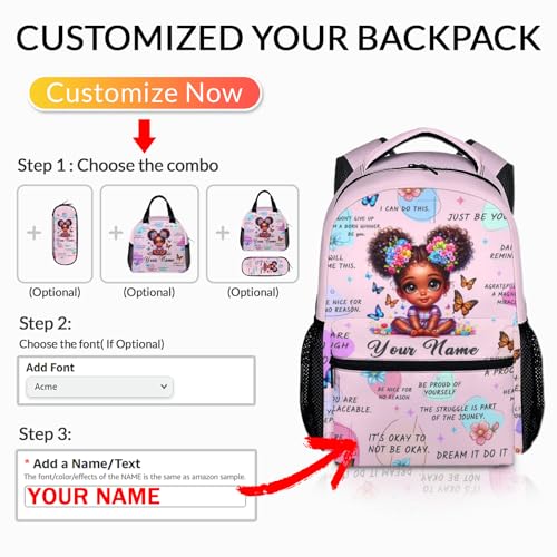 Custom Backpack Gift for Girls, African Girls Bookbag with Name for Kids Kindergarten Preschool Primary, 17 Inch Lightweight Personalized Backpacks for School3
