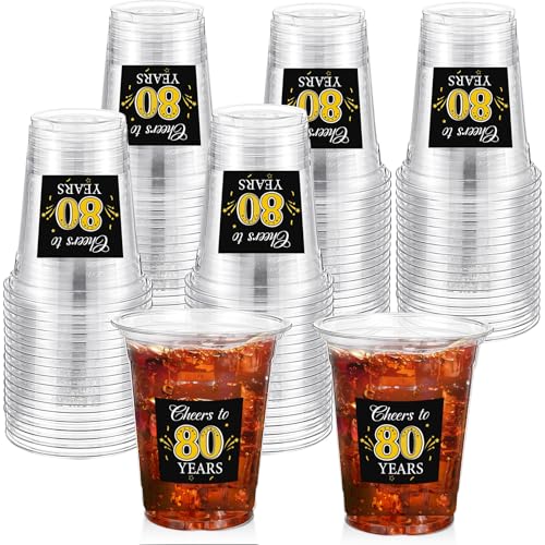 Funnymoom 60 Pack 80th Birthday Cup 12 oz Cheers to 80 Years Disposable Clear Plastic Birthday Cups for Men Women 80th Birthday Anniversary Wedding Party Decorations Favors
