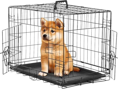 Simple Deluxe 24-Inch Small Dog Crate with Divider, Double Door Folding Metal Wire Cage with Leak-Proof Plastic Tray, Portable Pet Kennel for Indoor, Outdoor, and Travel