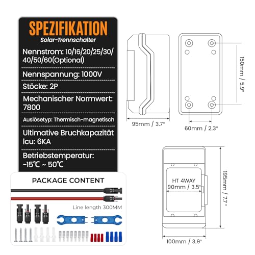 PJERJZN Solar PV Trennschalter 60A 1000V DC Miniatur Leistungsschalter mit Solarstecker Kabel Wasserdichtem Gehäuse für Solaranlagen Haushalte Batteriespeicher (1000V 60A)